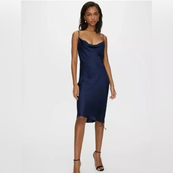 Wilfred Only Aritzia Ruched Navy Blue Slip Satin Dress Sz. SMALL - Picture 2 of 13